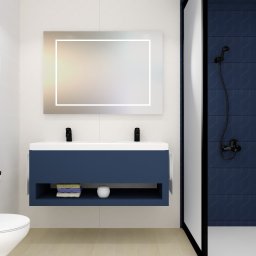 PRZESTRZEŃ SPOTKANIA Mariusz Kaczmarczyk - Wizualizacja nowoczesnej łazienki z toaletą, kabiną prysznicową i podwójną umywalką w kolorze granatowym, akcentowana geometrycznym wzorem płytek na ścianach.