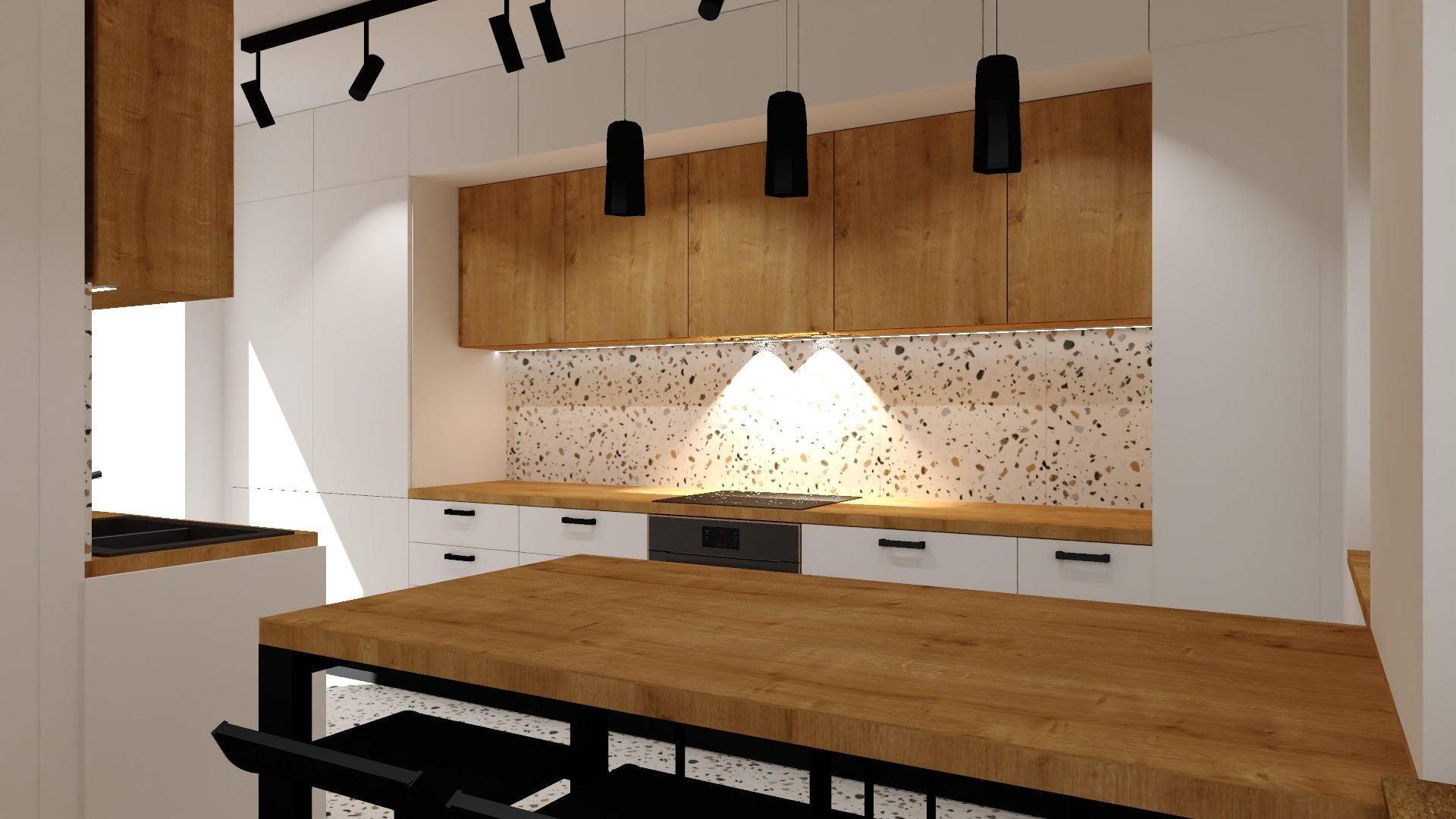 Wizualizacja nowoczesnej kuchni z drewnianymi szafkami górnymi, białymi szafkami dolnymi i blatem z drewnopodobnego materiału, wyspą kuchenną z blatem z tego samego materiału i czarnymi hokerami...