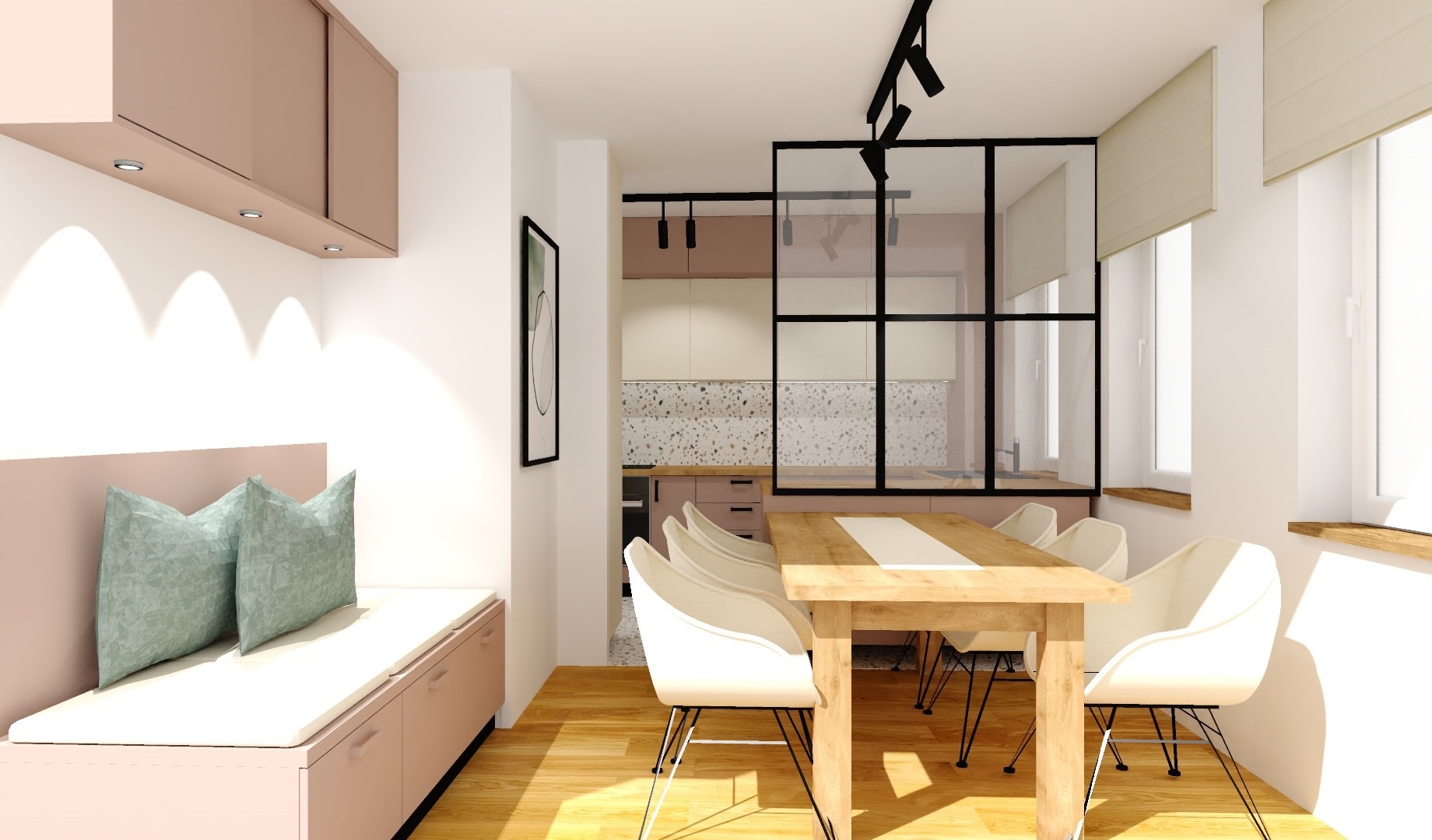 Wizualizacja wnętrza: jadalnia z drewnianym stołem i białymi krzesłami, widok na kuchnię oddzieloną czarną, przeszkloną ścianką działową, różowe akcenty w zabudowie meblowej i poduszki na siedzisku...