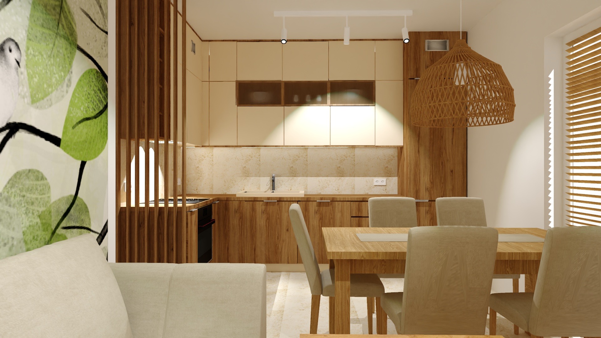 Jasna kuchnia z drewnianymi frontami szafek i beżowym blatem, częściowo oddzielona od jadalni ażurową ścianką z pionowych drewnianych listew, nad stołem wisząca pleciona lampa.