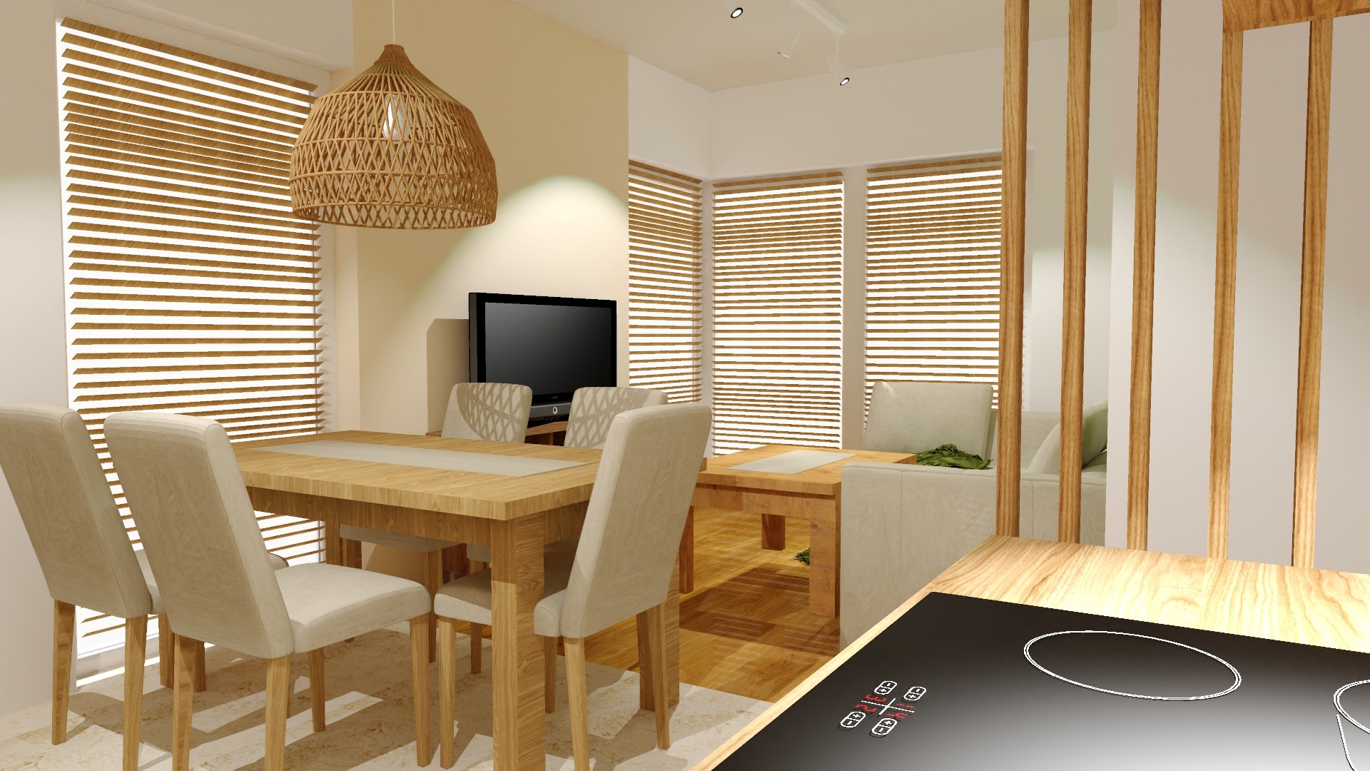 Wnętrze mieszkania z drewnianym stołem, krzesłami z jasną tapicerką, plecioną lampą i żaluzjami poziomymi w tle.