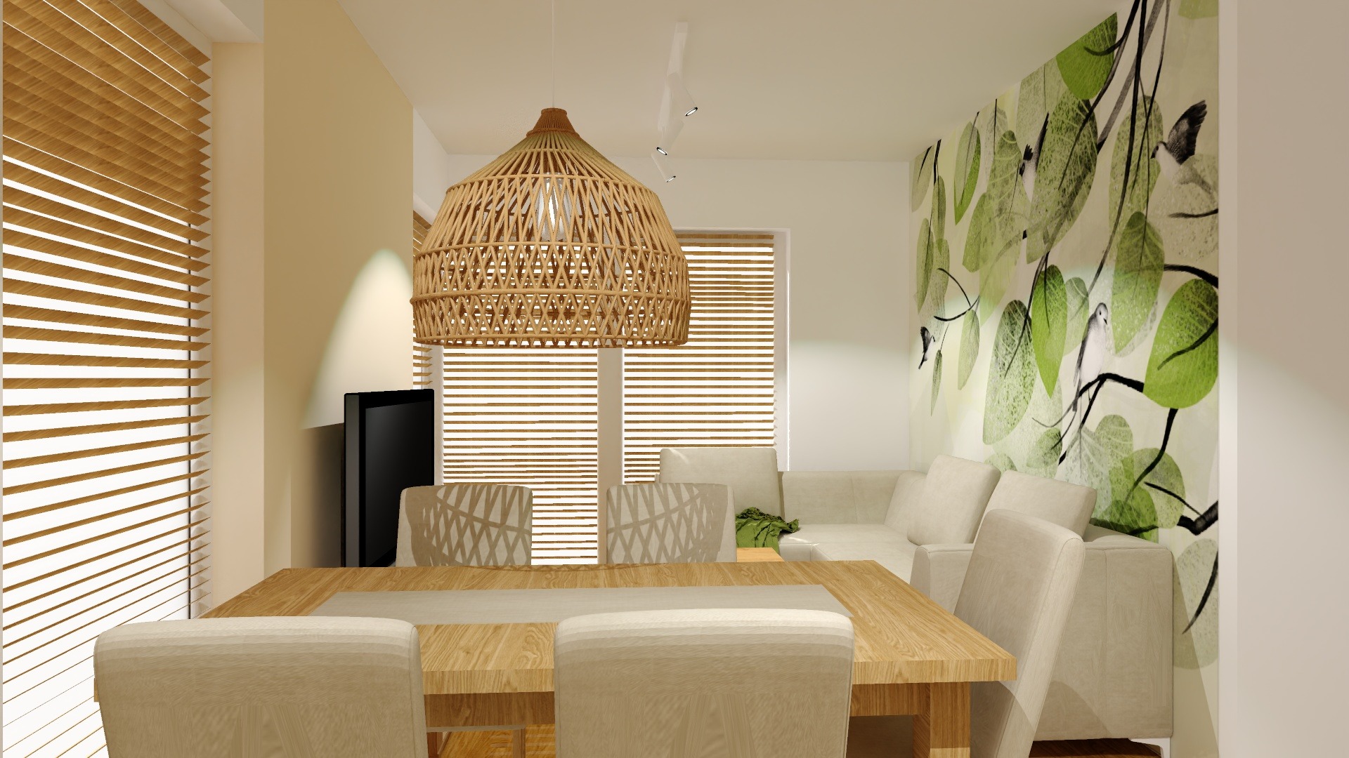 Wizualizacja jadalni z drewnianym stołem i krzesłami, wiklinową lampą, żaluzjami oraz ścianą z motywem roślinnym.