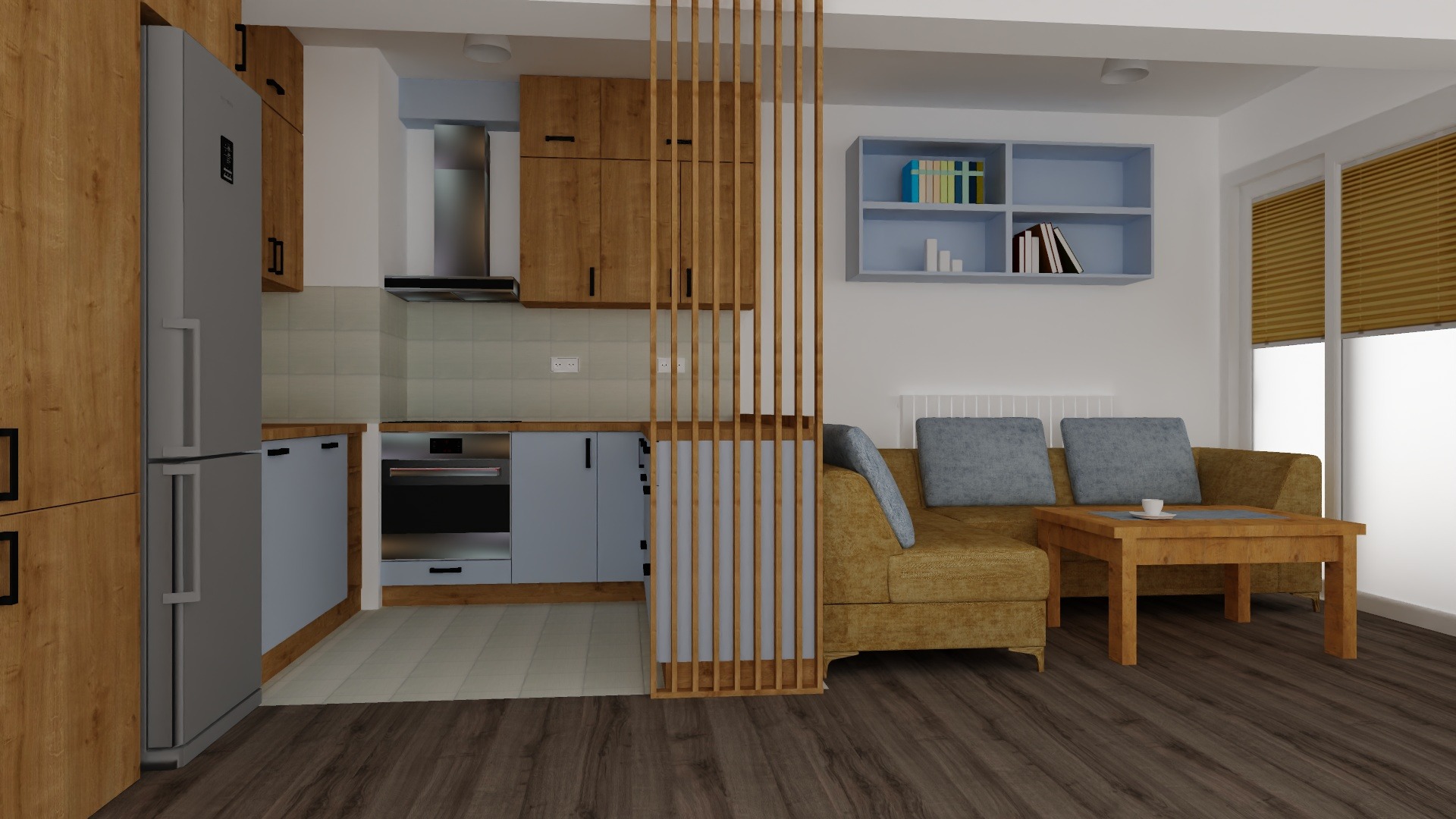 Wizualizacja wnętrza: kuchnia z drewnianymi i niebieskimi szafkami, oddzielona od salonu drewnianą ażurową ścianką działową, widoczny fragment sofy i stolika kawowego.