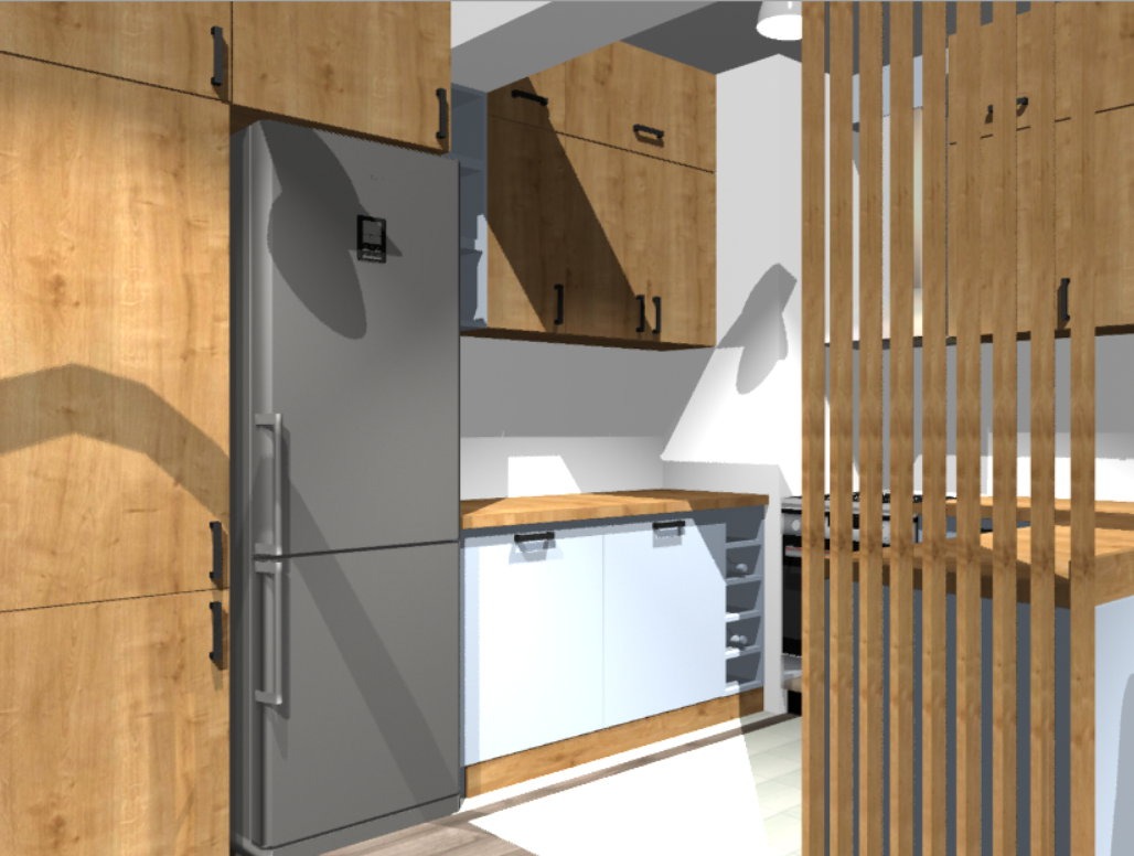 Wizualizacja kuchni z drewnianymi szafkami, szarą lodówką i ażurową ścianką działową z drewnianych listew.
