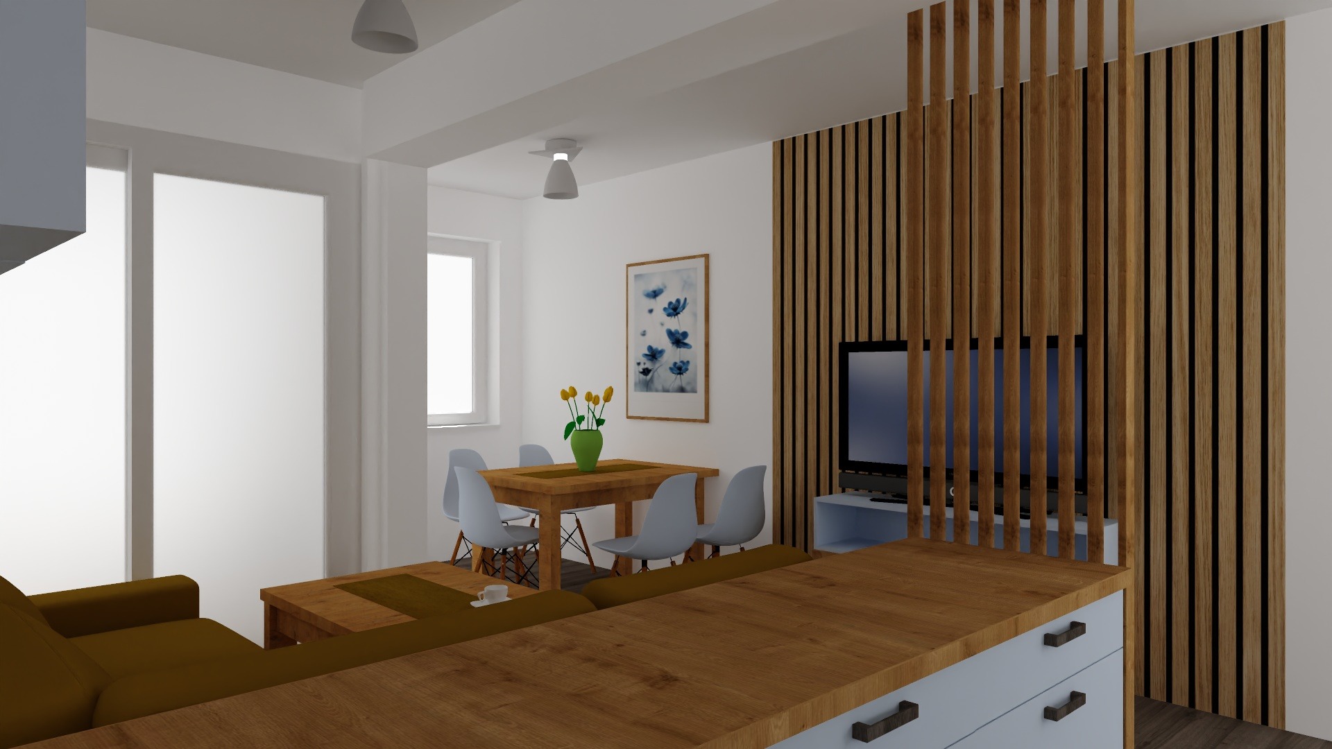Wizualizacja wnętrza mieszkania z drewnianą ścianką działową, stołem jadalnym z krzesłami w kolorze pastelowego błękitu, sofą w odcieniach brązu i obrazem na ścianie.