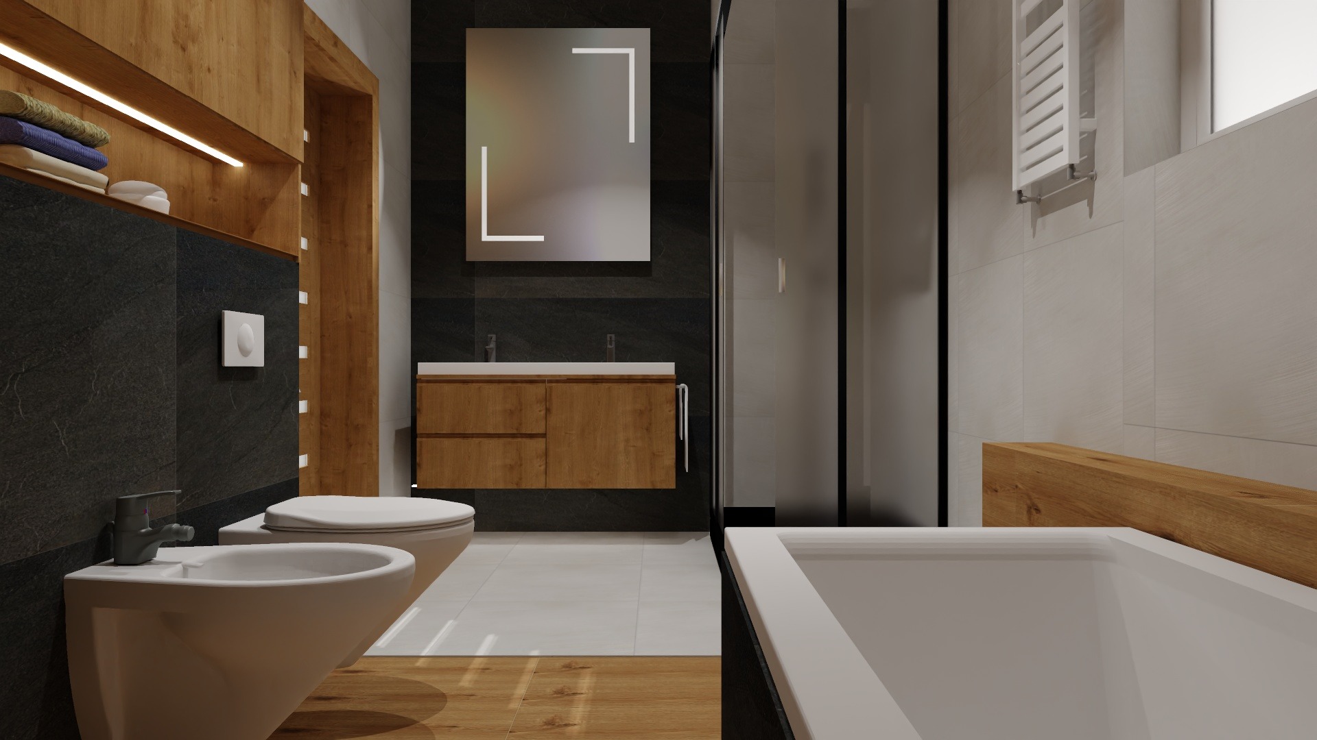 Nowoczesna łazienka z drewnianymi akcentami: podświetlana półka z ręcznikami, umywalka nablatowa z szafką, bidet i wanna, oświetlone lustro.