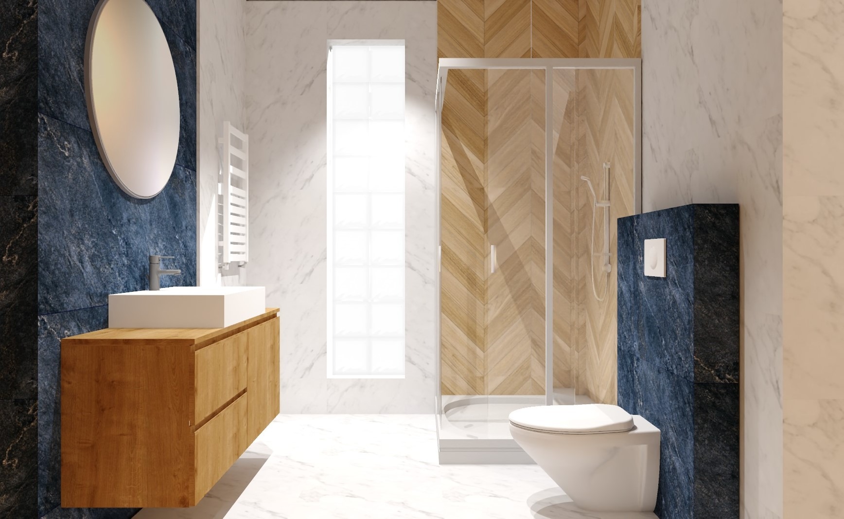 Nowoczesna łazienka z marmurowymi ścianami, drewnianą szafką pod umywalką, okrągłym lustrem, kabiną prysznicową ze szklanymi drzwiami i toaletą podwieszaną na tle ściany w kolorze granatowego marmuru.