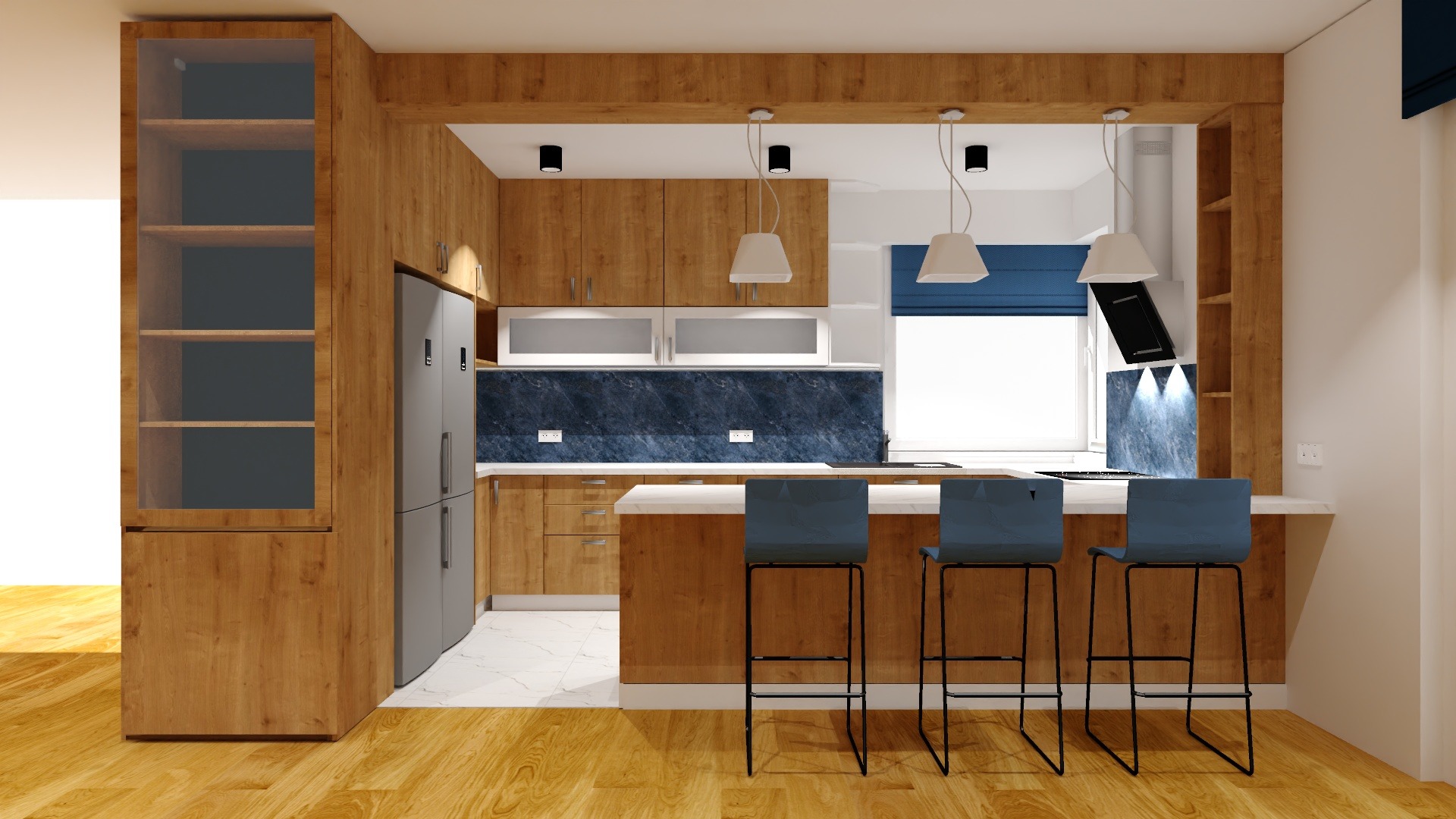 Wizualizacja kuchni z drewnianymi szafkami, marmurowym backsplashiem i trzema niebieskimi hokerami przy wyspie kuchennej, oświetlona trzema lampami wiszącymi.