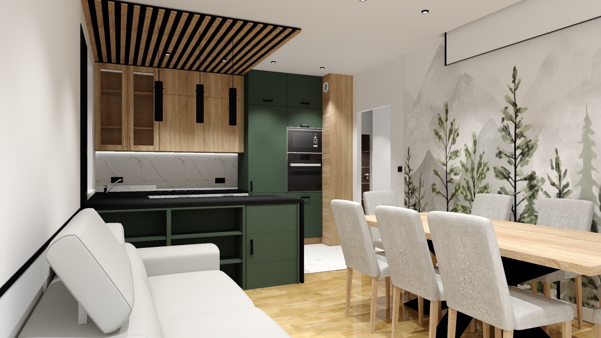 Wizualizacja nowoczesnej kuchni z zielonymi szafkami, drewnianymi akcentami na suficie i ścianie, marmurowym backsplashiem oraz stołem jadalnym z tapetą w motywy górskie w tle.