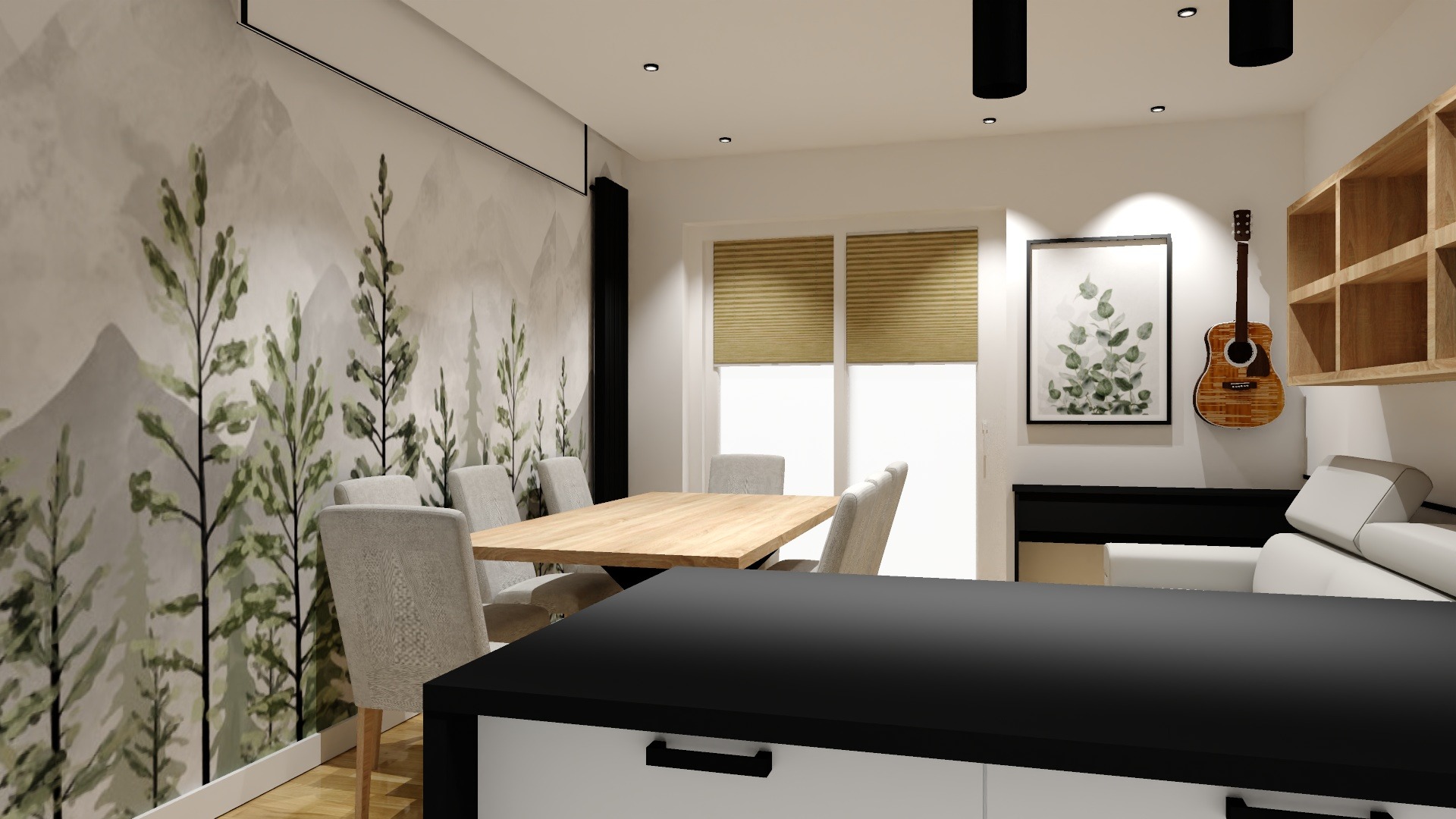 Wizualizacja jadalni z drewnianym stołem i krzesłami na tle ściany z motywem górskiego lasu, gitara akustyczna zawieszona na ścianie obok grafiki z liśćmi.