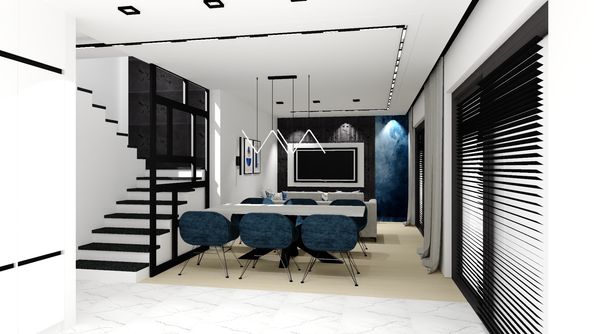 Wizualizacja nowoczesnego wnętrza z marmurową podłogą, schodami z czarną balustradą, stołem z aksamitnymi krzesłami i dekoracyjną ścianą z telewizorem.