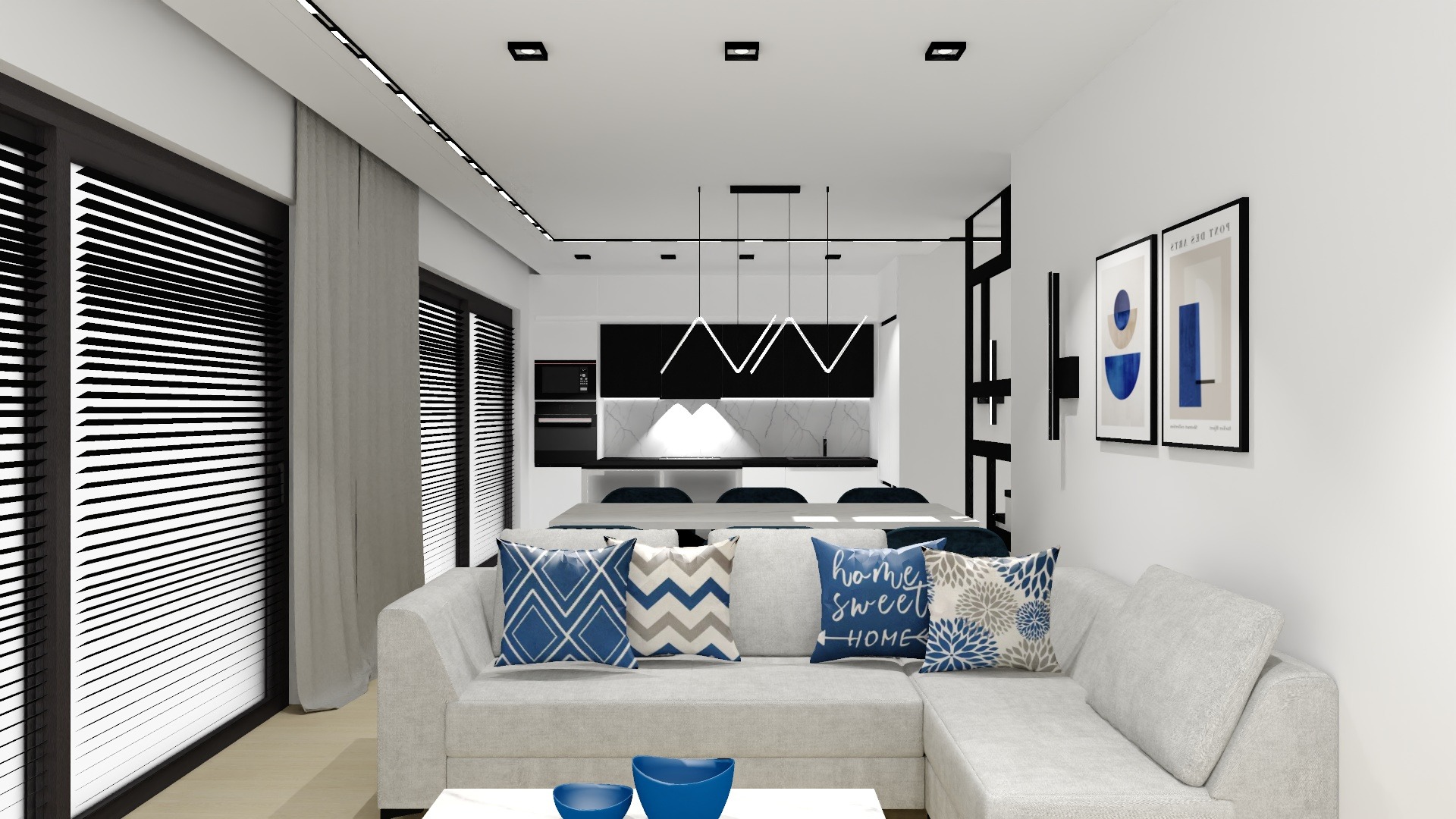 Wizualizacja nowoczesnego salonu z aneksem kuchennym, szary narożnik z dekoracyjnymi poduszkami w odcieniach błękitu, minimalistyczne oświetlenie i czarno-biała kolorystyka.