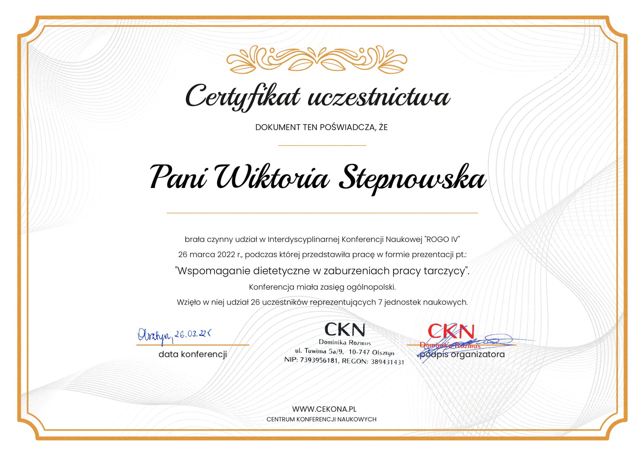 Skan certyfikatu uczestnictwa w konferencji naukowej z zakresu wspomagania dietetycznego w zaburzeniach pracy tarczycy, z podpisami i pieczęciami organizatora.