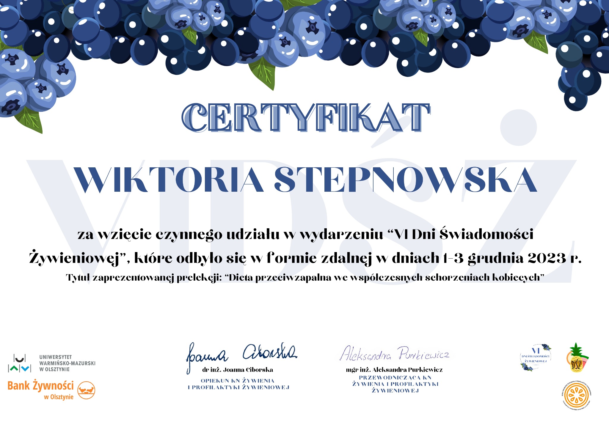 Certyfikat uczestnictwa w VI Dniach Świadomości Żywieniowej Wiktorii Stepnowskiej, z motywem borówek w tle.