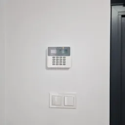 Biały panel sterowania alarmem domowym marki Satel, model Perfecta, zamontowany na białej ścianie obok włącznika światła i czarnej futryny drzwi. Na wyświetlaczu widoczny czas i status.