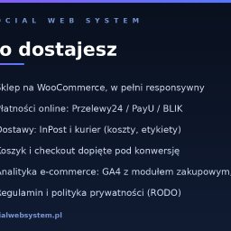 Social Web System - Tworzenie stron internetowych - Oferta SOCIAL WEB SYSTEM: lista usług dla sklepów WooCommerce, w tym płatności online (Przelewy24, PayU, BLIK), dostawy InPost, analityka e-commerce (GA4, Pixel) i regulamin RODO.