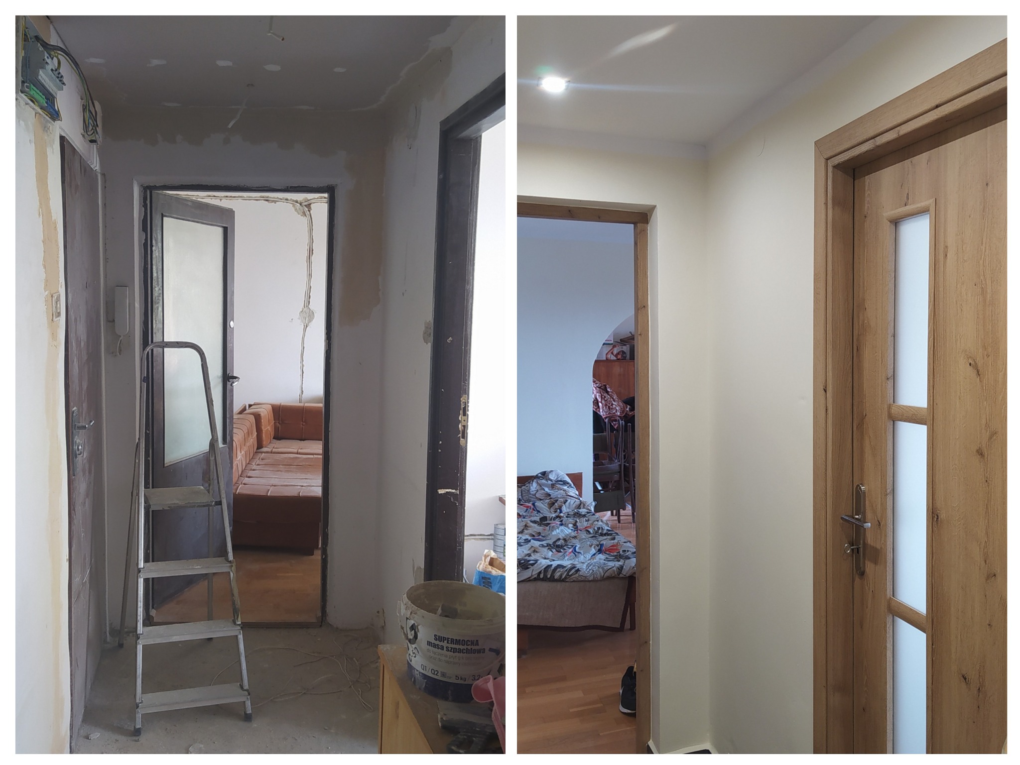 Porównanie stanu korytarza przed i po odnowieniu: surowe ściany z instalacją elektryczną, drabina i wiadro z masą szpachlową kontra świeżo pomalowane ściany, nowe ościeżnice i drzwi z przeszkleniem.