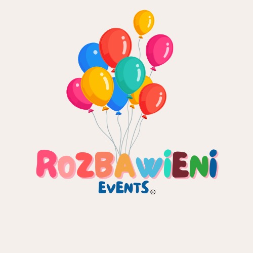 Grafika z kolorowymi balonami i napisem 'Rozbawieni Events' w kreskówkowym stylu.