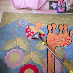 Dawdom Usługi Sprzątające - Kolorowy dywan z wzorem kwiatowym czyszczony odkurzaczem piorącym. Widoczne detale wzoru i dysza odkurzacza. Ujęcie z góry, oświetlenie naturalne.