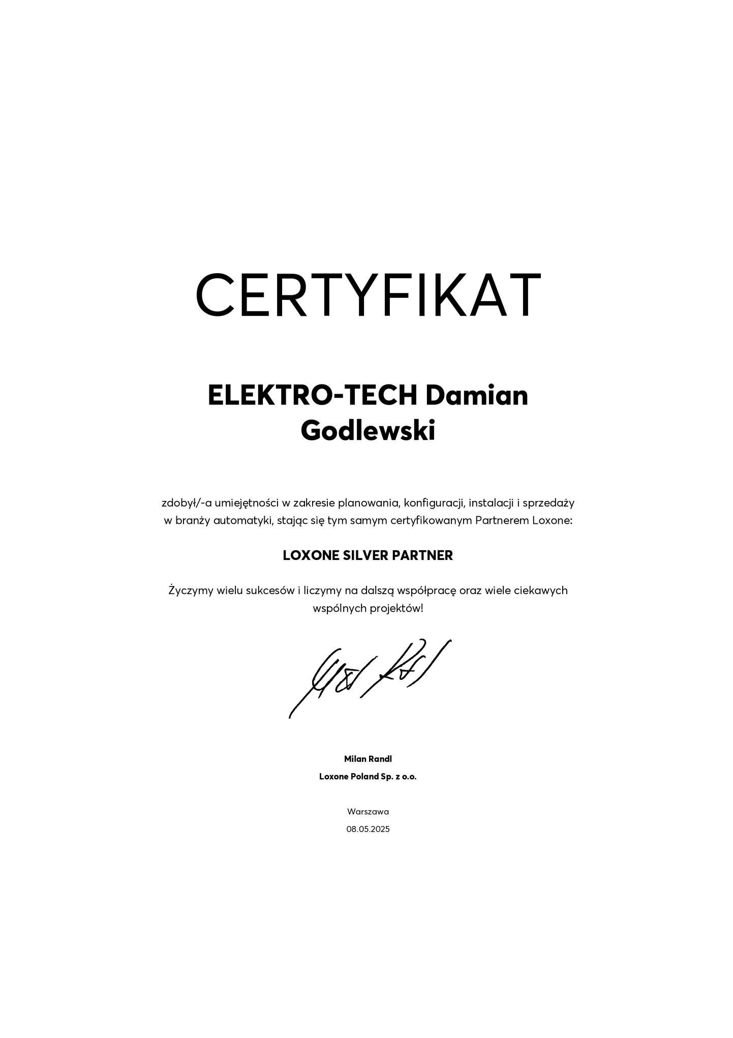 Certyfikat Elektro-Tech Damian Godlewski, partner Loxone Silver, Wałdowo Królewskie. Potwierdzenie umiejętności w automatyce budynkowej.