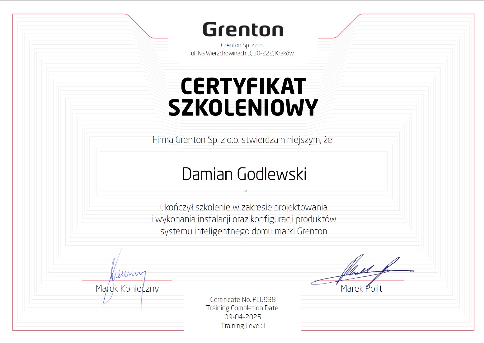 Certyfikat szkoleniowy Grenton dla Damiana Godlewskiego z zakresu projektowania i wykonania instalacji inteligentnego domu, podpisany przez Marka Koniecznego i Marka Polit.