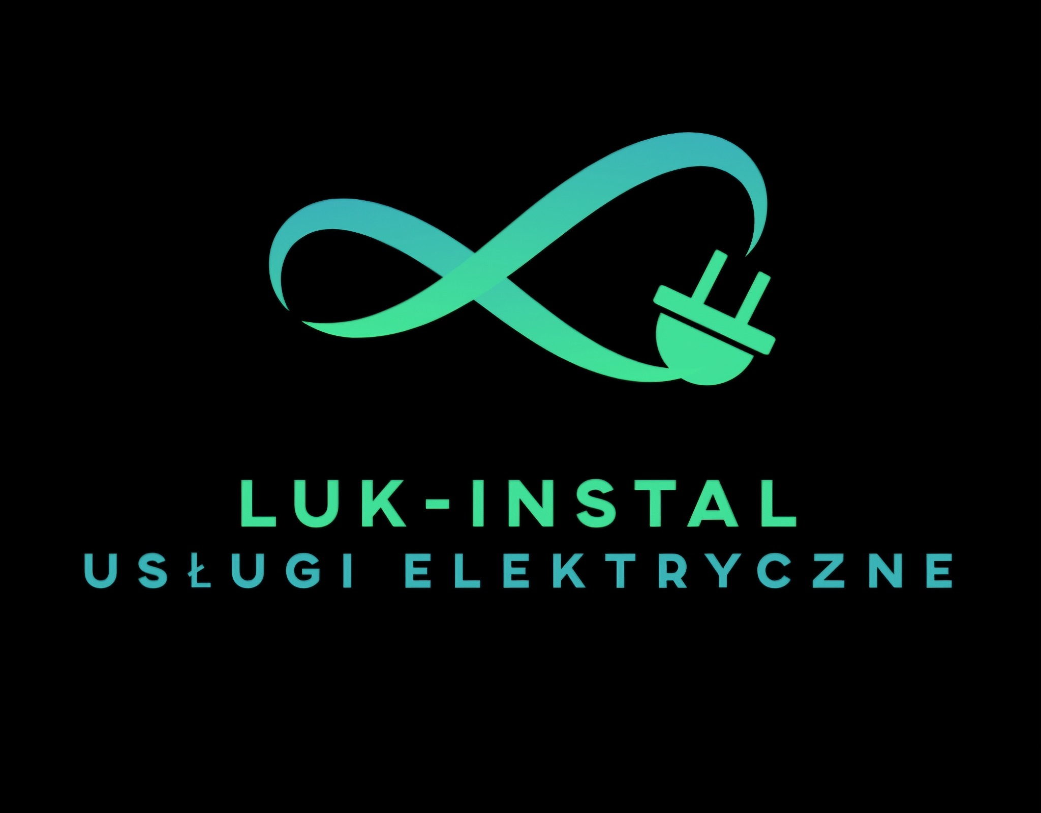 Logo firmy LUK-INSTAL Usługi Elektryczne z symbolem nieskończoności i wtyczki elektrycznej w odcieniach zieleni i turkusu na czarnym tle.
