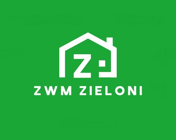 Logo firmy ZWM Zieloni: biały kontur domu z literą Z w środku na jednolitym zielonym tle.