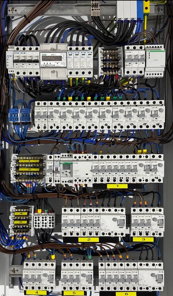 Rozdzielnia elektryczna z licznikiem, bezpiecznikami i przewodami. Widoczne oznaczenia numerów obwodów na żółtych etykietach. Instalacja schludna i uporządkowana.