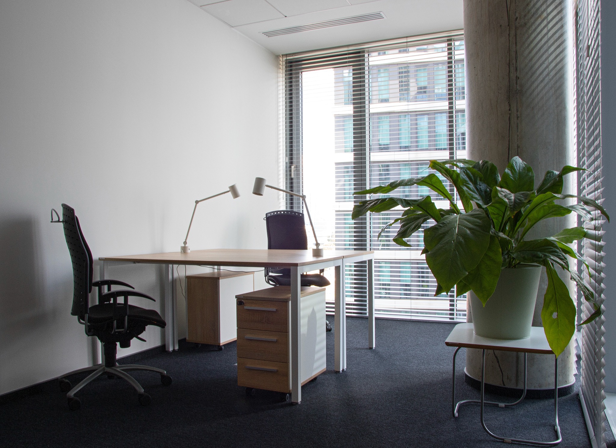 Jasne, minimalistyczne biuro z biurkiem, krzesłem, lampkami i rośliną doniczkową na tle okna z widokiem na budynek.