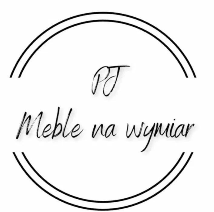Logo firmy PJ Meble na wymiar, czcionka odręczna, podwójny okrąg.