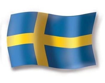 Falująca flaga Szwecji z efektem cienia, przedstawiona na białym tle.