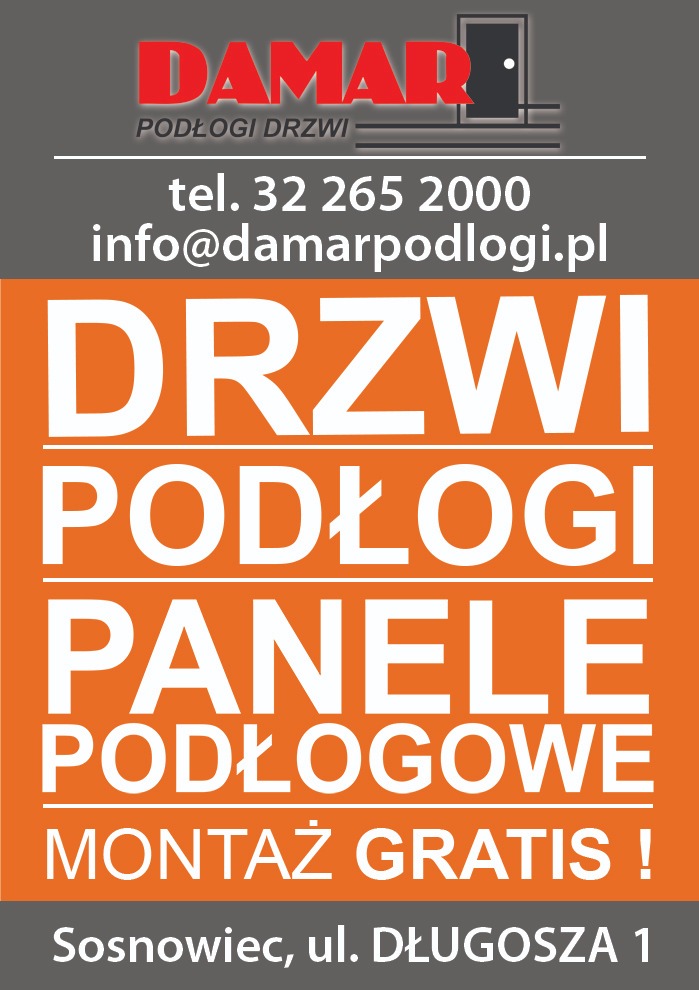 Reklama firmy Damar z Sosnowca oferującej drzwi, podłogi, panele podłogowe oraz montaż gratis, z numerem telefonu i adresem e-mail.