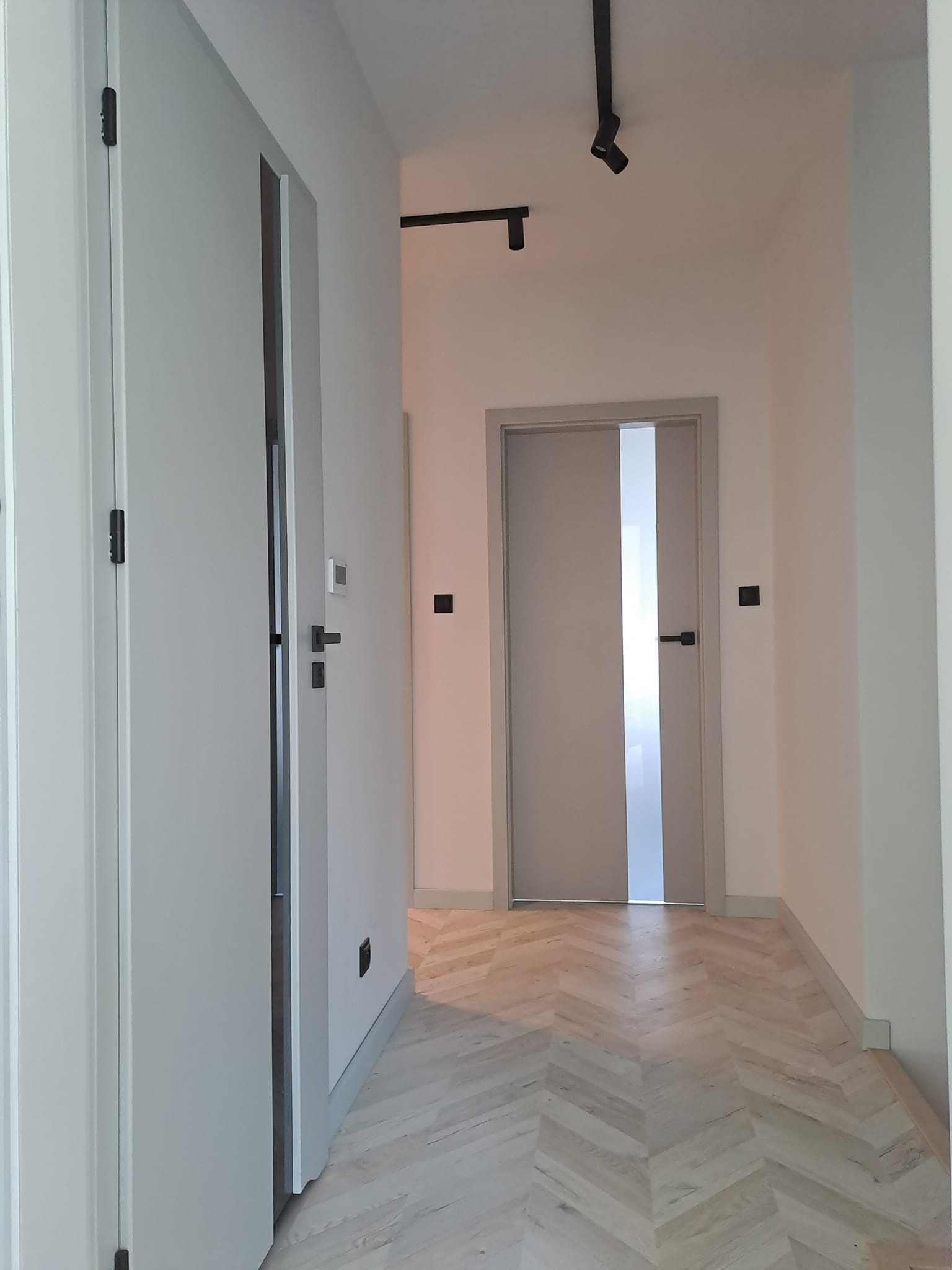 Korytarz z dwoma parami szarych drzwi wewnętrznych z czarnymi klamkami i oświetleniem szynowym, parkiet ułożony w jodełkę.