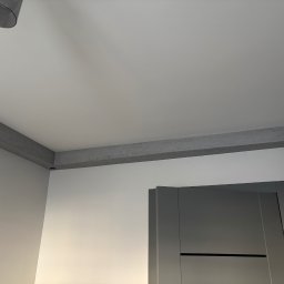 AD-BUD Adrian Wcisło - Nowoczesne wnętrze z minimalistycznym sufitem, szarymi belkami dekoracyjnymi z wbudowanym oświetleniem punktowym i częściowo widocznymi szarymi drzwiami.