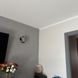 AD-BUD Adrian Wcisło - Szara ściana z dekoracyjnym tynkiem w salonie, biały sufit z listwą, widoczny fragment telewizora, bukiet kwiatów w wazonie i lampa ścienna.