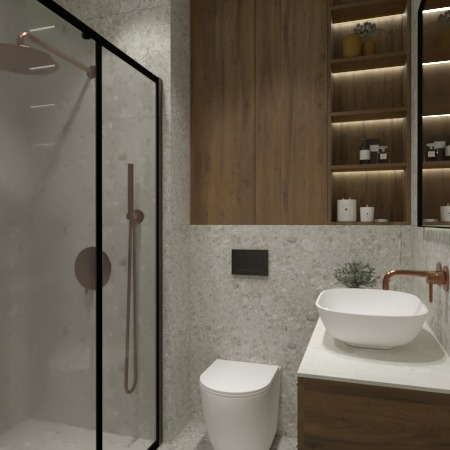 Nowoczesna łazienka z kabiną prysznicową typu walk-in, umywalką nablatową i armaturą w kolorze miedzi, oświetlone półki w drewnianej szafce.