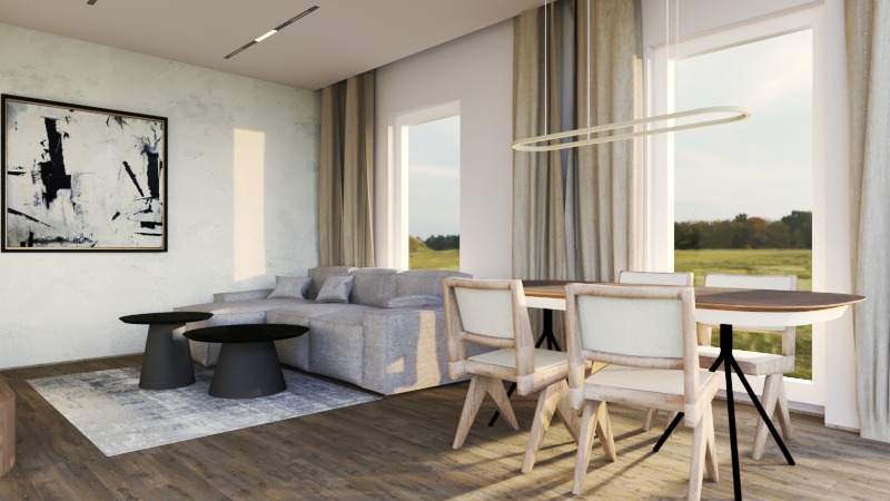 Wizualizacja salonu z szarą sofą modułową, okrągłym stołem jadalnym z krzesłami z jasnego drewna oraz abstrakcyjnym obrazem na ścianie o teksturze betonu.