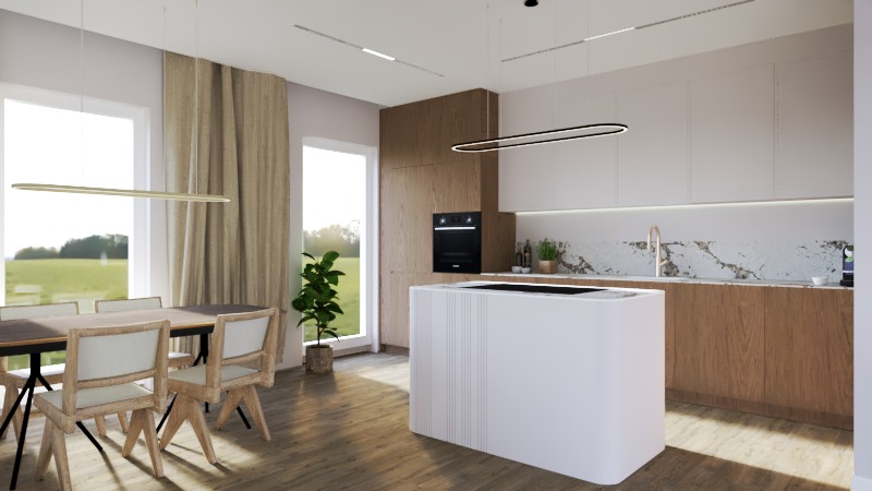 Wizualizacja nowoczesnej kuchni z wyspą, drewnianymi frontami i marmurowym blatem, oświetlona podłużnymi lampami, z jadalnią z drewnianym stołem i krzesłami w tle.