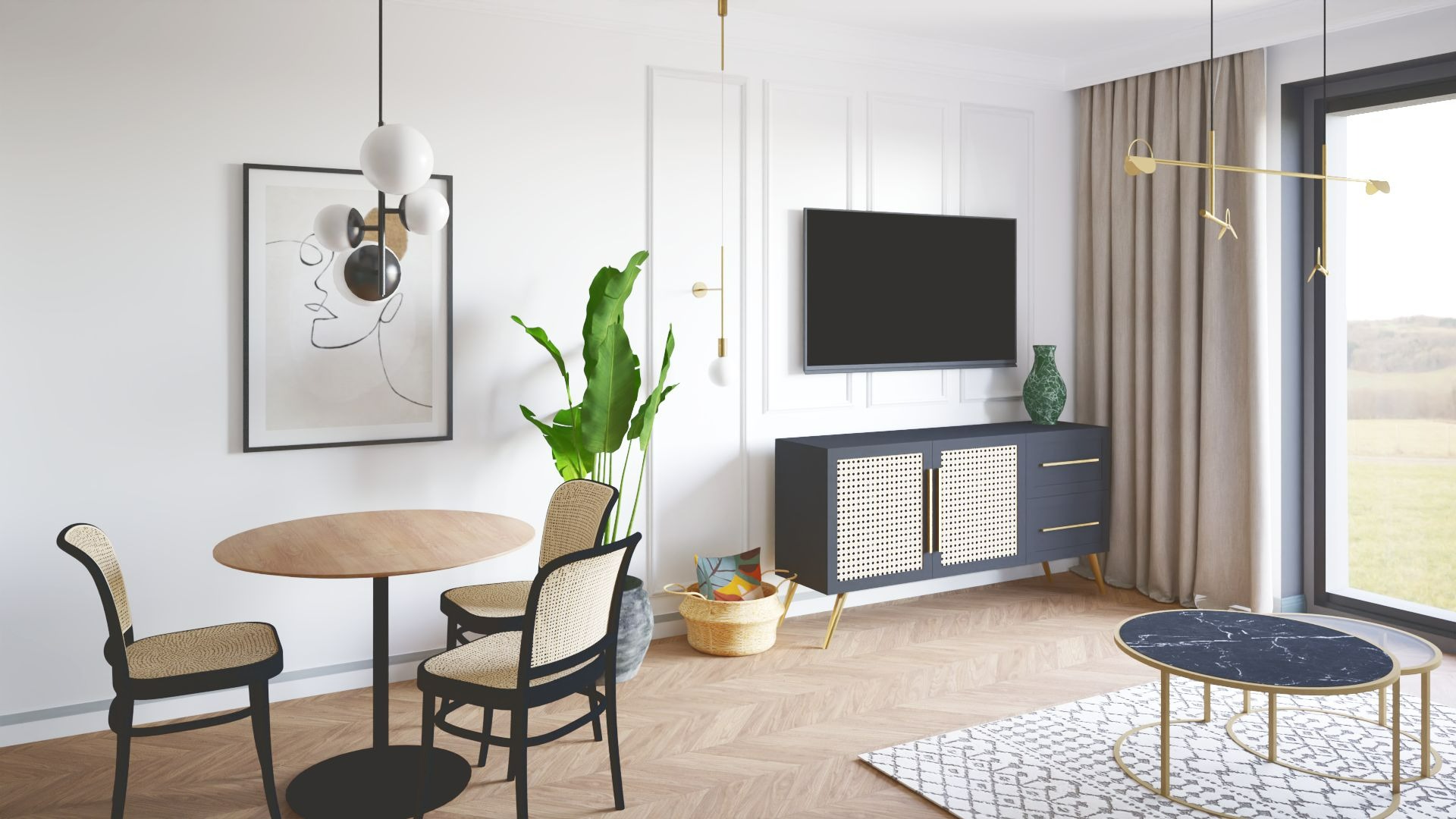 Jasne wnętrze z okrągłym stołem, krzesłami z rattanowym siedziskiem, ciemną komodą z rattanowymi frontami, telewizorem, abstrakcyjnym obrazem i rośliną w doniczce, podkreślone złotymi akcentami...