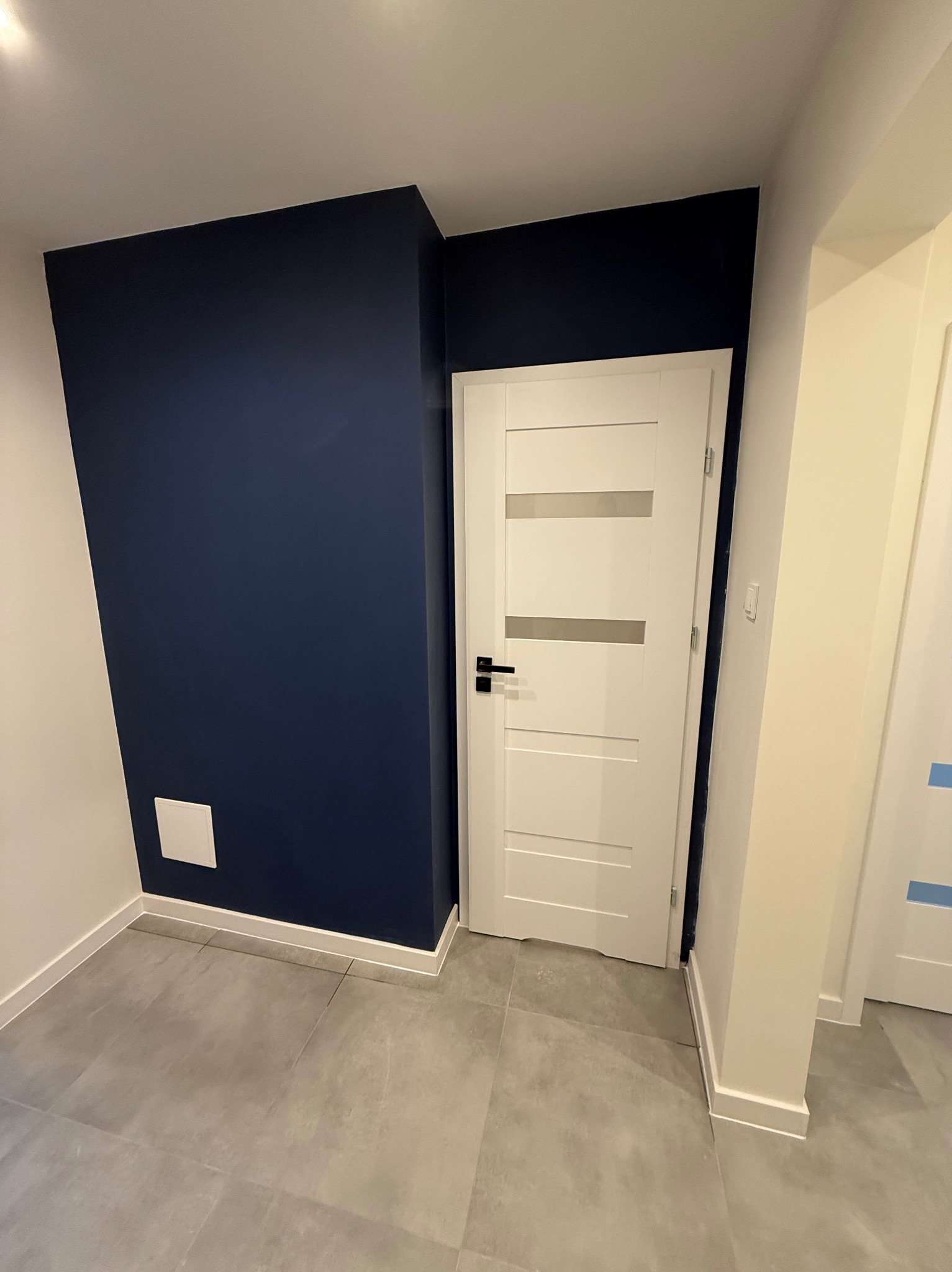 Nowoczesne wnętrze: granatowa ściana, białe drzwi z przeszkleniami i szara podłoga z płytek. Minimalistyczny design, świeżo po remoncie.