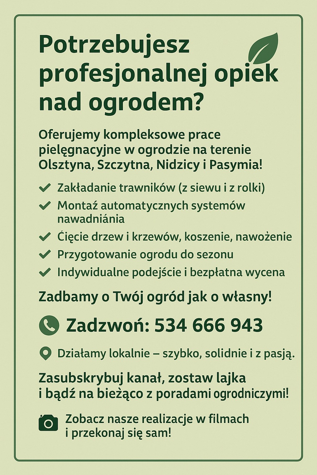 Grafika reklamowa usług ogrodniczych: zakładanie trawników, systemy nawadniania, cięcie drzew i krzewów, przygotowanie ogrodu do sezonu. Kontakt telefoniczny.