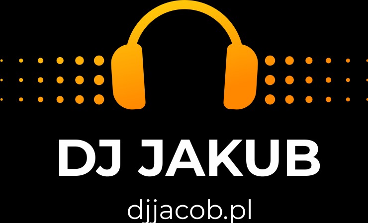 Grafika z pomarańczowymi słuchawkami, napisem DJ JAKUB i adresem strony djjacob.pl na czarnym tle, z pomarańczowymi kropkami imitującymi fale dźwiękowe.