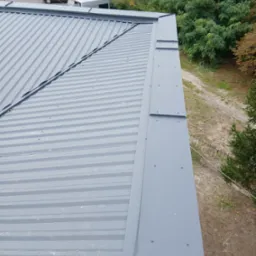 Szary dach z blachy trapezowej, widok z góry, na tle drzew i parkingu. Widoczne obróbki blacharskie na krawędzi dachu, mocowane na śruby.