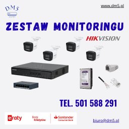 DM5 Daniel Mazuruk - Zestaw do monitoringu Hikvision: cztery kamery, rejestrator, switch, dysk twardy i akcesoria. Widoczne logo firmy DM5 i dane kontaktowe.