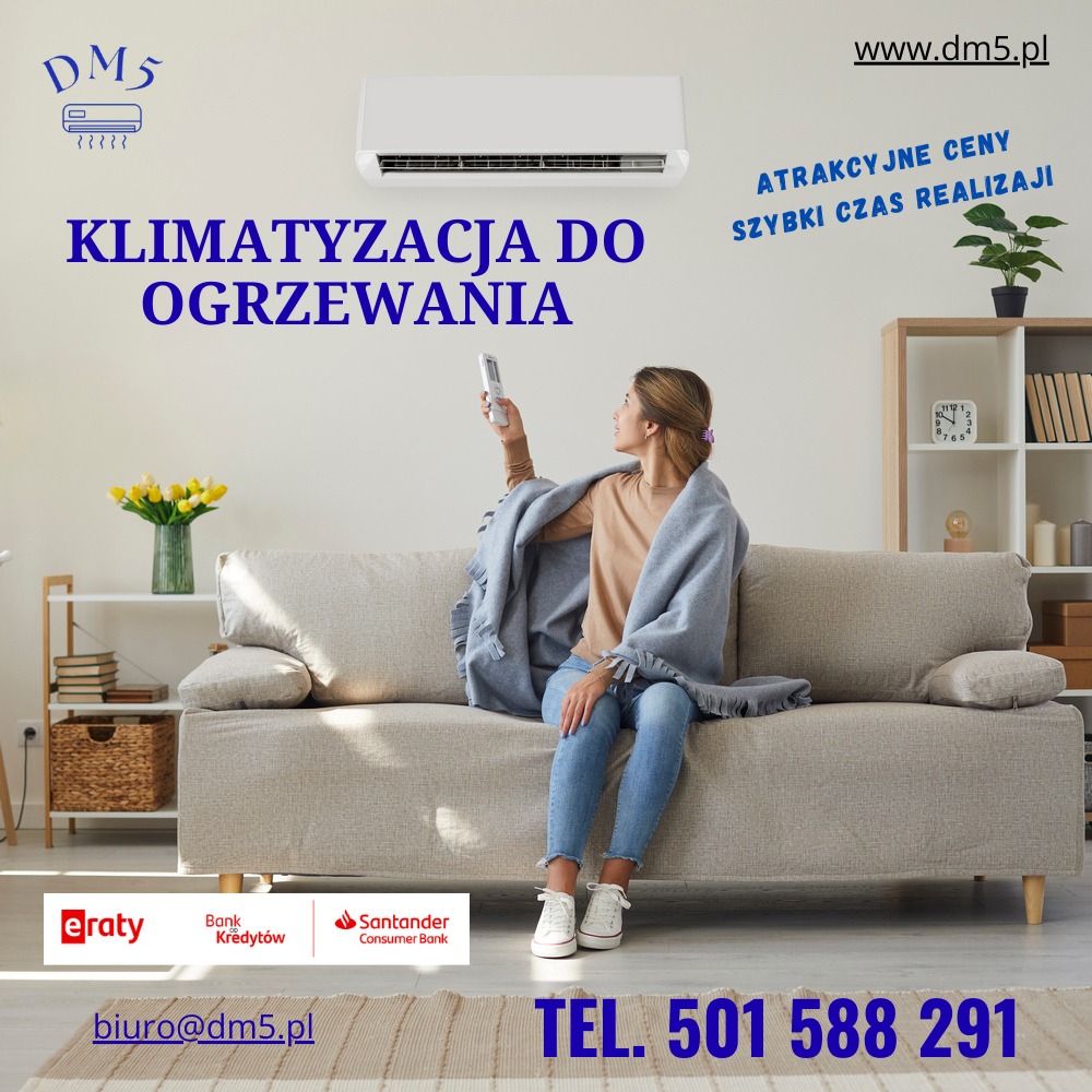 Klimatyzator ścienny w salonie: kobieta siedzi na kanapie, trzymając pilot. Reklama z hasłem 'Klimatyzacja do ogrzewania' i danymi kontaktowymi.