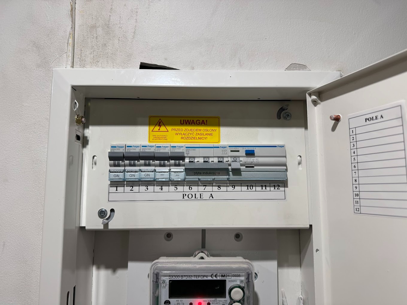 Otwarta skrzynka rozdzielcza z bezpiecznikami i licznikiem energii elektrycznej, widoczna żółta naklejka ostrzegawcza i lista ponumerowanych pozycji wewnątrz