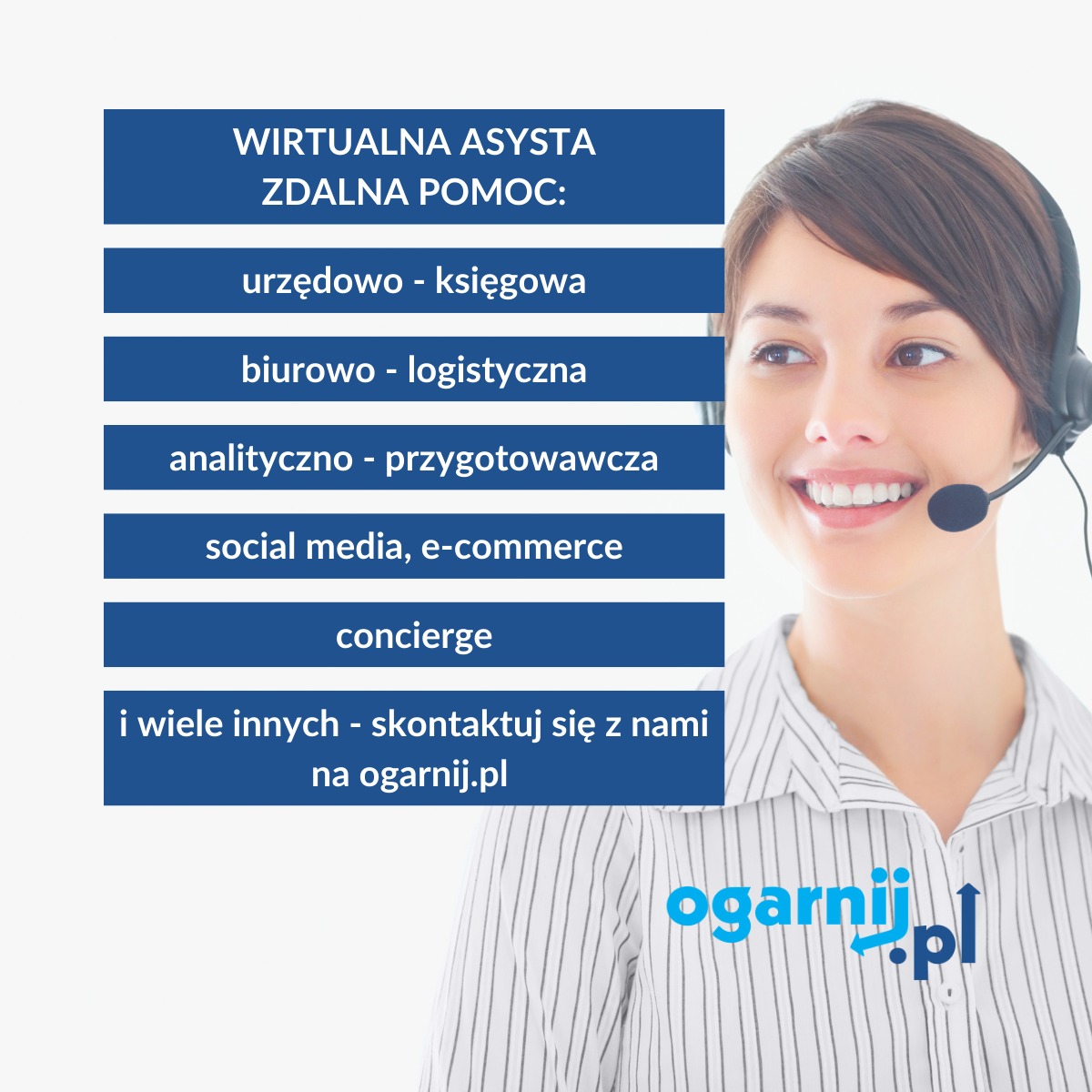 Uśmiechnięta kobieta z zestawem słuchawkowym, obok niebieskie bloki tekstowe z hasłami: Wirtualna asysta zdalna pomoc, urzędowo-księgowa, biurowo-logistyczna, analityczno-przygotowawcza, social...