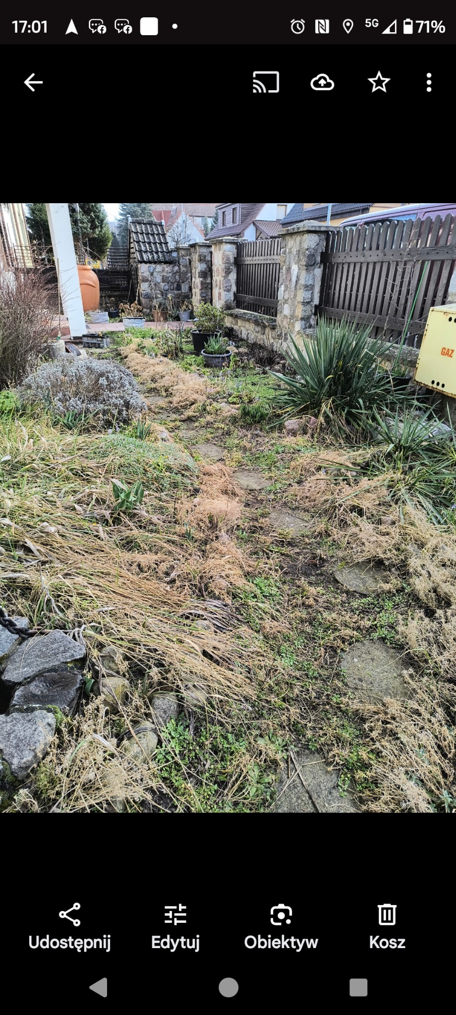 Zarośnięty ogród z kamienną ścieżką, suchymi trawami i elementami architektury ogrodowej w tle, wymagający interwencji ogrodnika.
