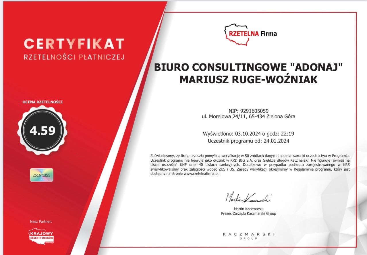 Certyfikat Rzetelności Płatniczej dla Biura Consultingowego 'Adonaj' Mariusza Ruge-Woźniaka z oceną 4.59 i NIP: 9291605059.