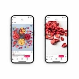 Dwa ekrany smartfonów prezentujące posty z Instagrama marki Liosy, z których jeden pokazuje kompozycję czterech szklanych naczyń wypełnionych liofilizowanymi owocami (truskawki, maliny, banany...